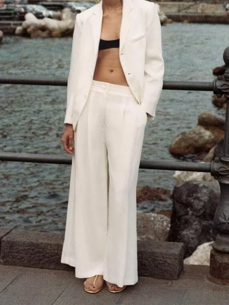 

Summer new style women's pleated wide leg trousers wide leg pleated trousers linen blend straight casual trousers