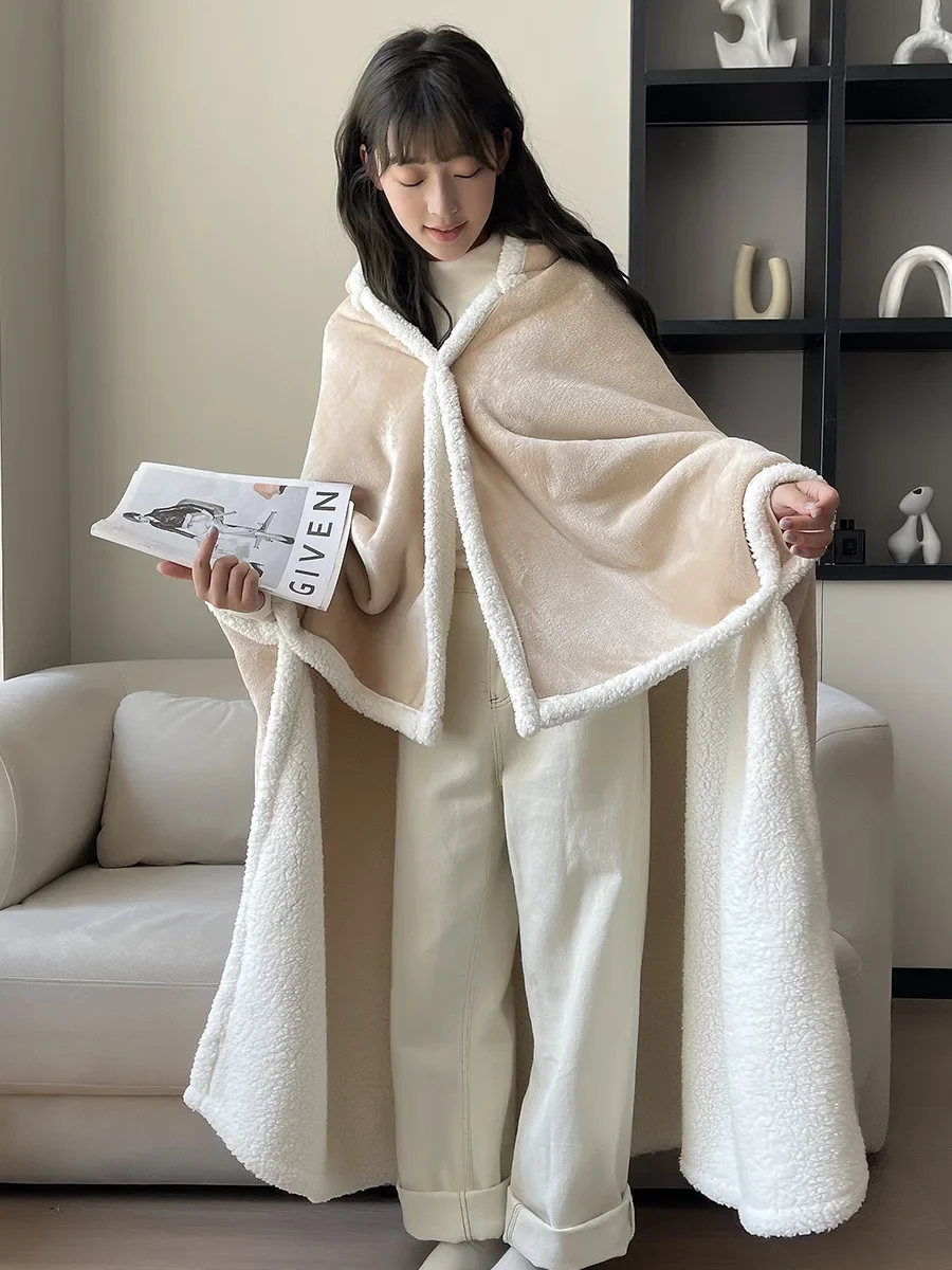 

Throw Blanket for Sofa Students Nap with Blankets Large Shawl Cloak Wintertime Female Warm A Hooded Cape Office Blanket