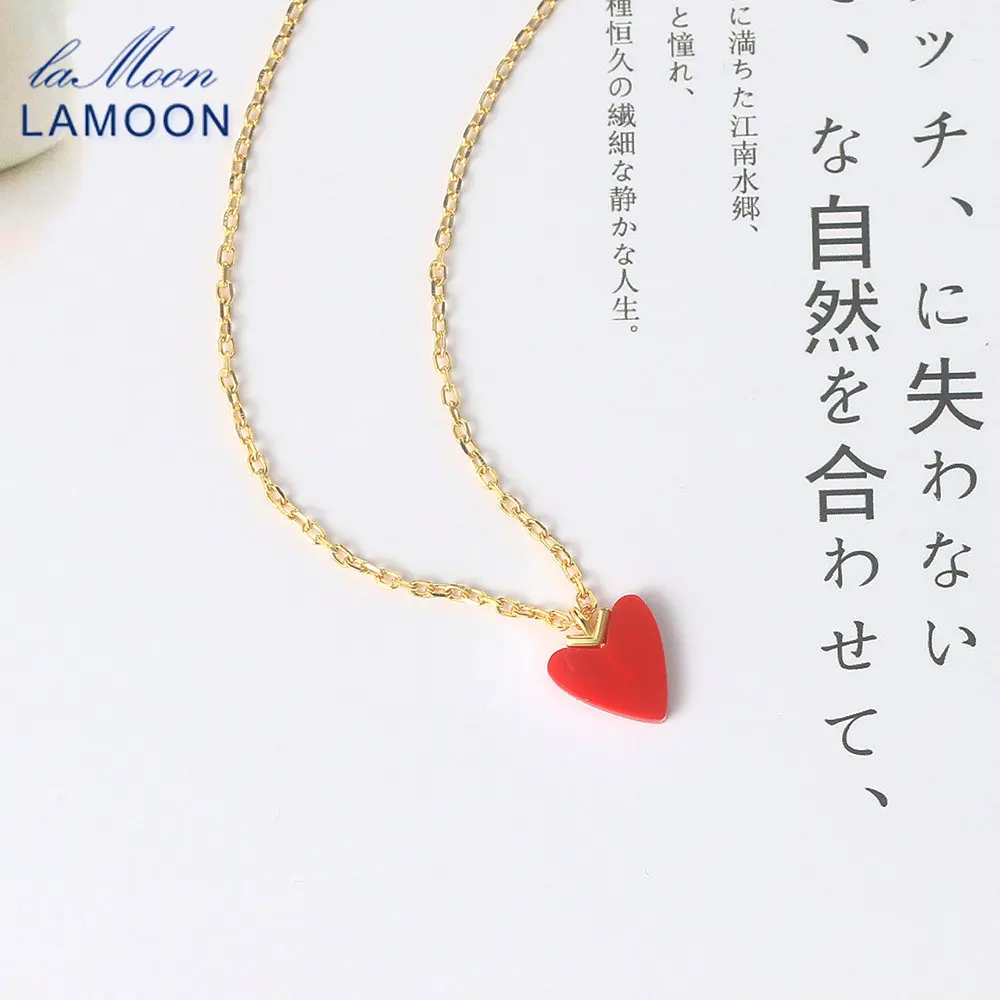 

LAMOON 925 Sterling Silver Necklace For Women Little Heart Pendant Synthetic Red Coral 14K Gold Plated Fine Jewelry LMNI105