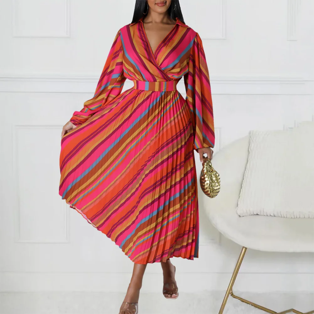 

Elegant Dresses for Woman Turn Down Collar Full Sleeve High Waisted Striped Printed Mid Calf Modest Female Birthday Party Gowns