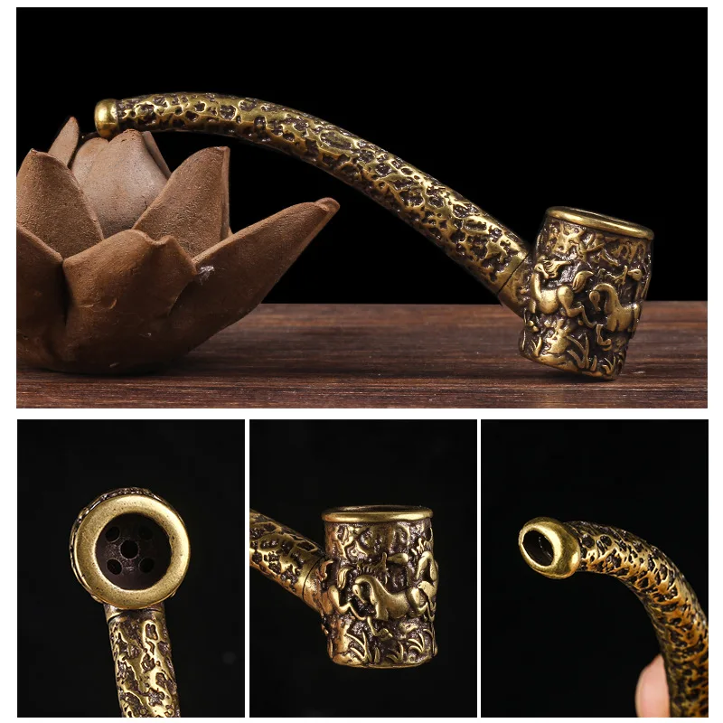 Vintage Brass Tobacco Pipe with Hand-engraved Horse and Compact Design