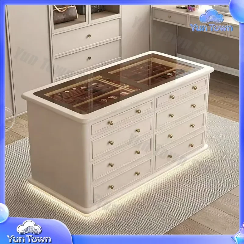 French Light Luxury Cream Style Storage Cabinet for Home Double Sided Display Chest Cloakroom Middle Island Jewelry Cabinet
