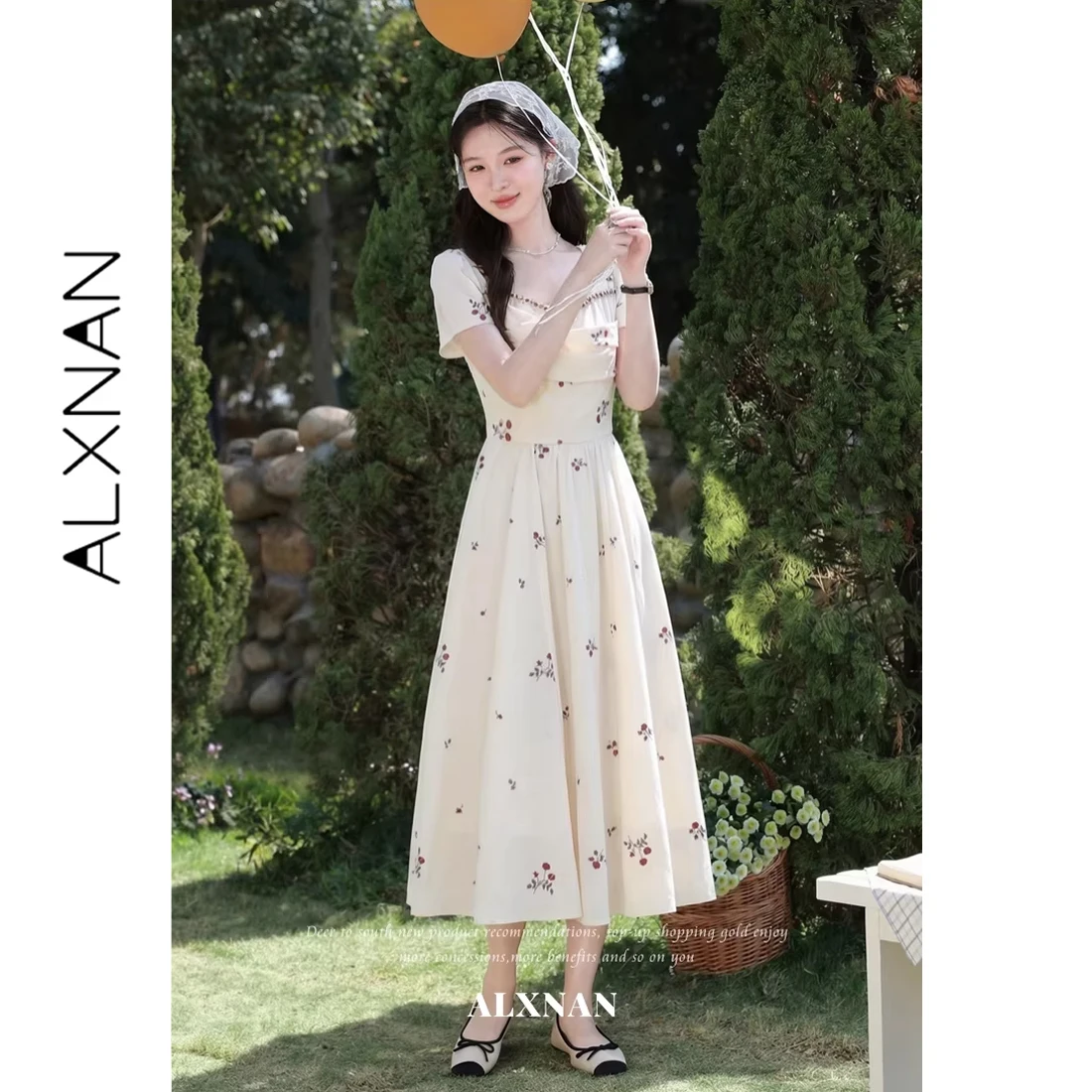ALXNAN Floral Dress Women Square Neck Pleated Design Lyocell Short Sleeve Dress Summer Holiday Beach Female Clothing L62203-1