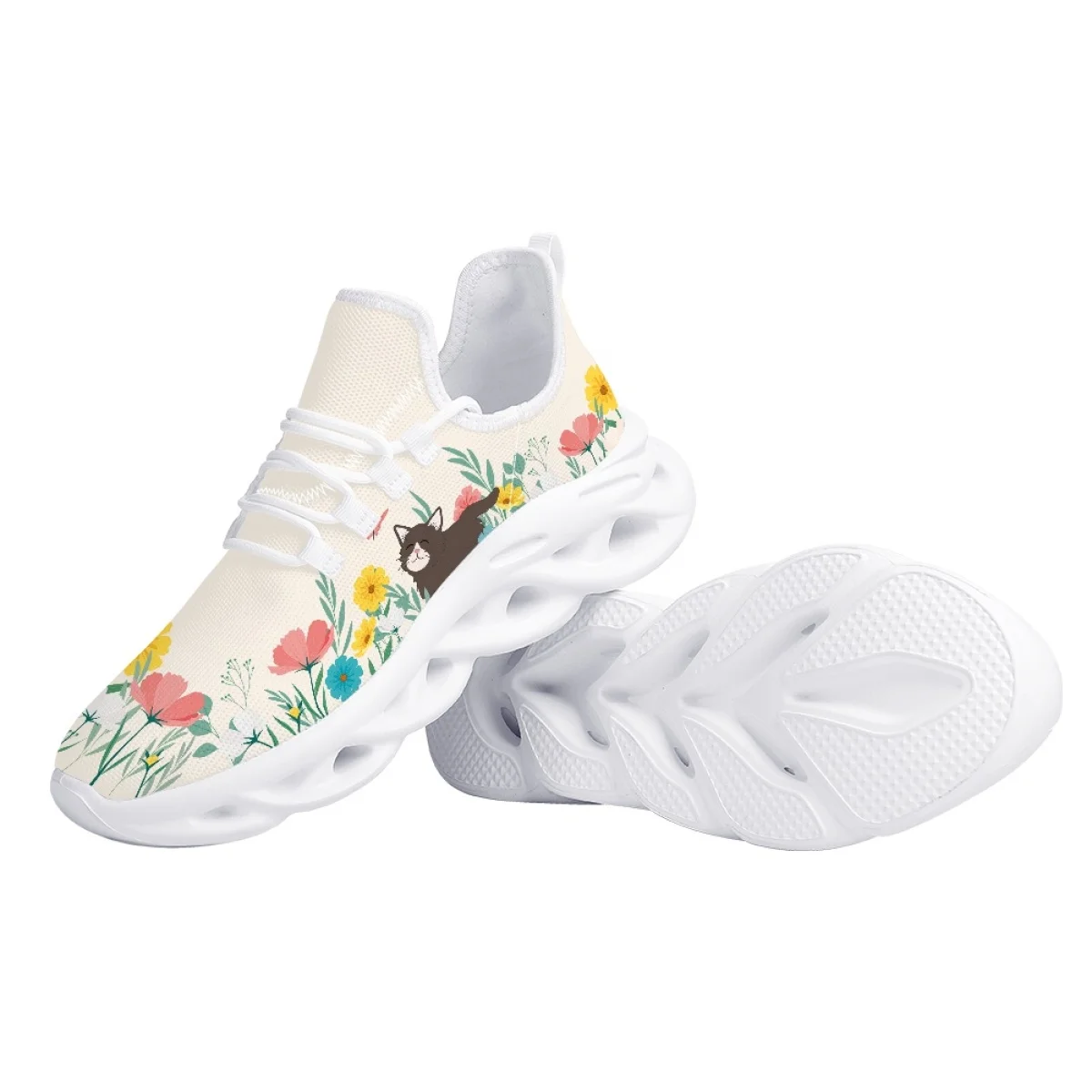 Cute Cat Flower Cartoon Print Ladies Flat Shoes Spring Autumn Outdoor Travel Walking Footwear Casual Durable Non-Slip Sneakers
