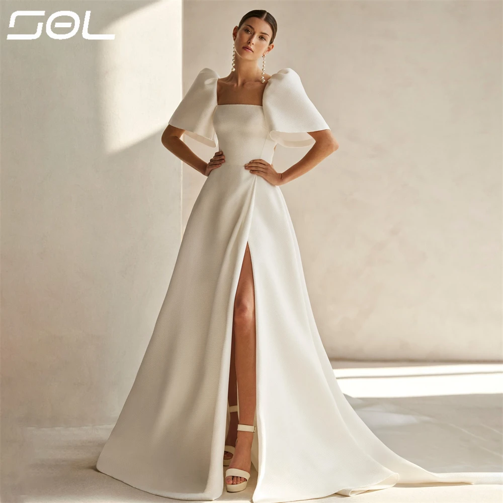 SOL Half Puff Sleeves Square Collar Side Slit Spandex Wedding Dress Simple Backless Sweep Train Bridal Gowns Sexy Custom Made