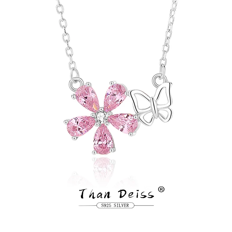 Original Design s925 Sterling Silver Peachy Blossom Butterfly Pink Flower Sweet Girl Niche Fashion Necklace Female Jewelry Gift