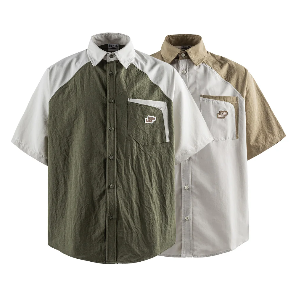 Men Summer Splice Short Sleeve Streetwear Fashion Loose Casual Oversize Cargo Shirt Cityboy Campus Blouses Tops