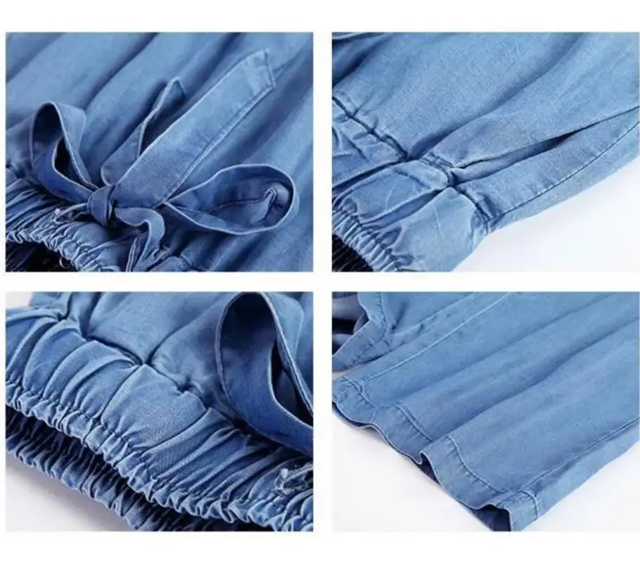 Summer thin Vintage Wide belt Long Pants Blue Denim Drawstring Wide Leg Jeans With Pocket Simple Fashion Trousers plus size
