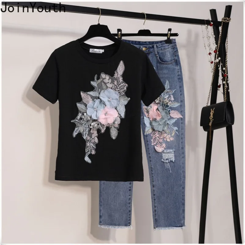 Korean Jeans Suit Chic Two Piece Sets Womens Outfits Roupas Femme Embroidery 3D Floral White Tshirts Tunic Hole Denim Pants Set