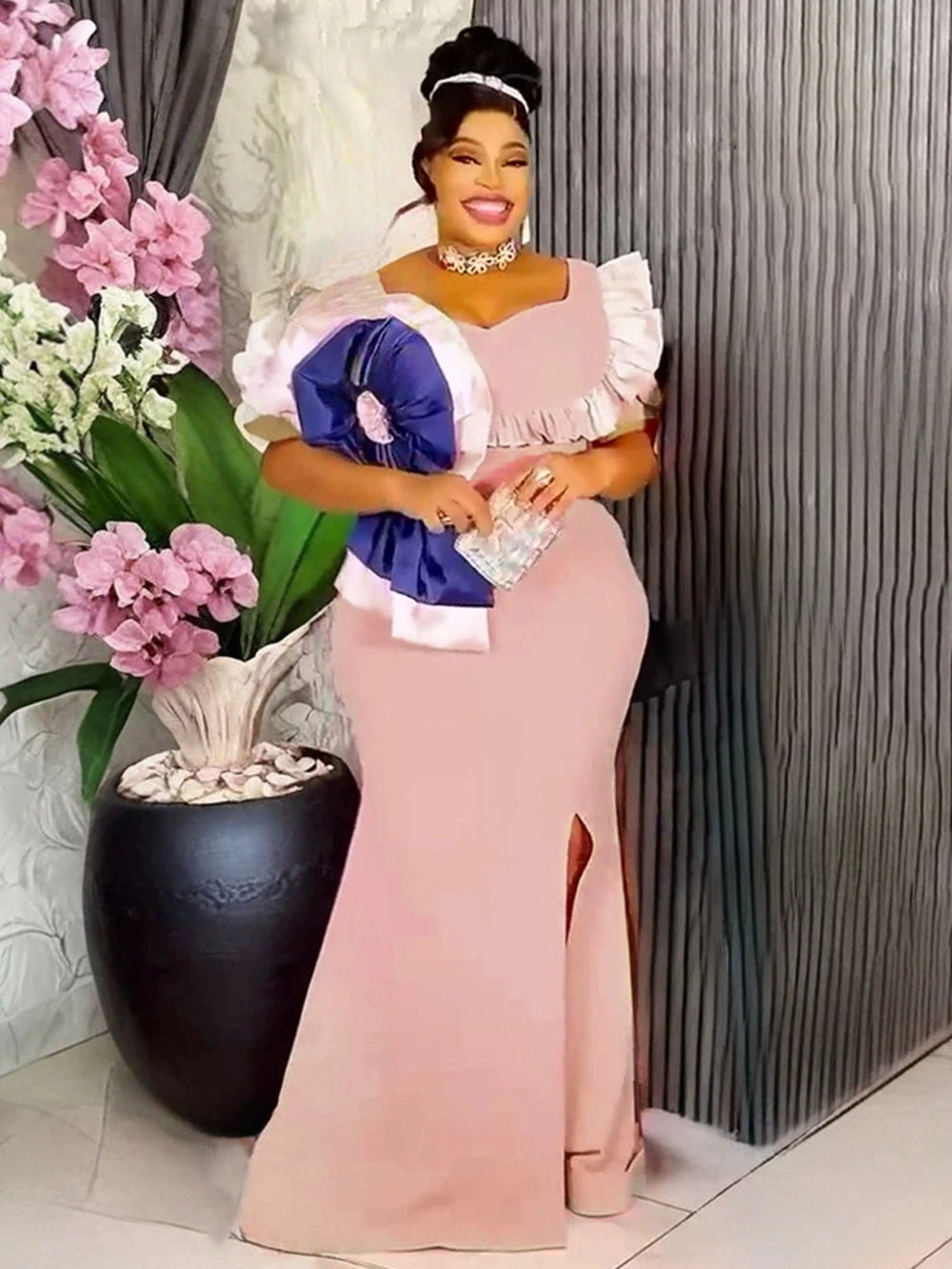 فساتين حفلات الزفاف الأفريقية للنساء الخريف أفريقيا أنيقة طويلة الأكمام الوردي مساء الجلباب الطويل العباءات الأفريقية الملابس الأفريقية