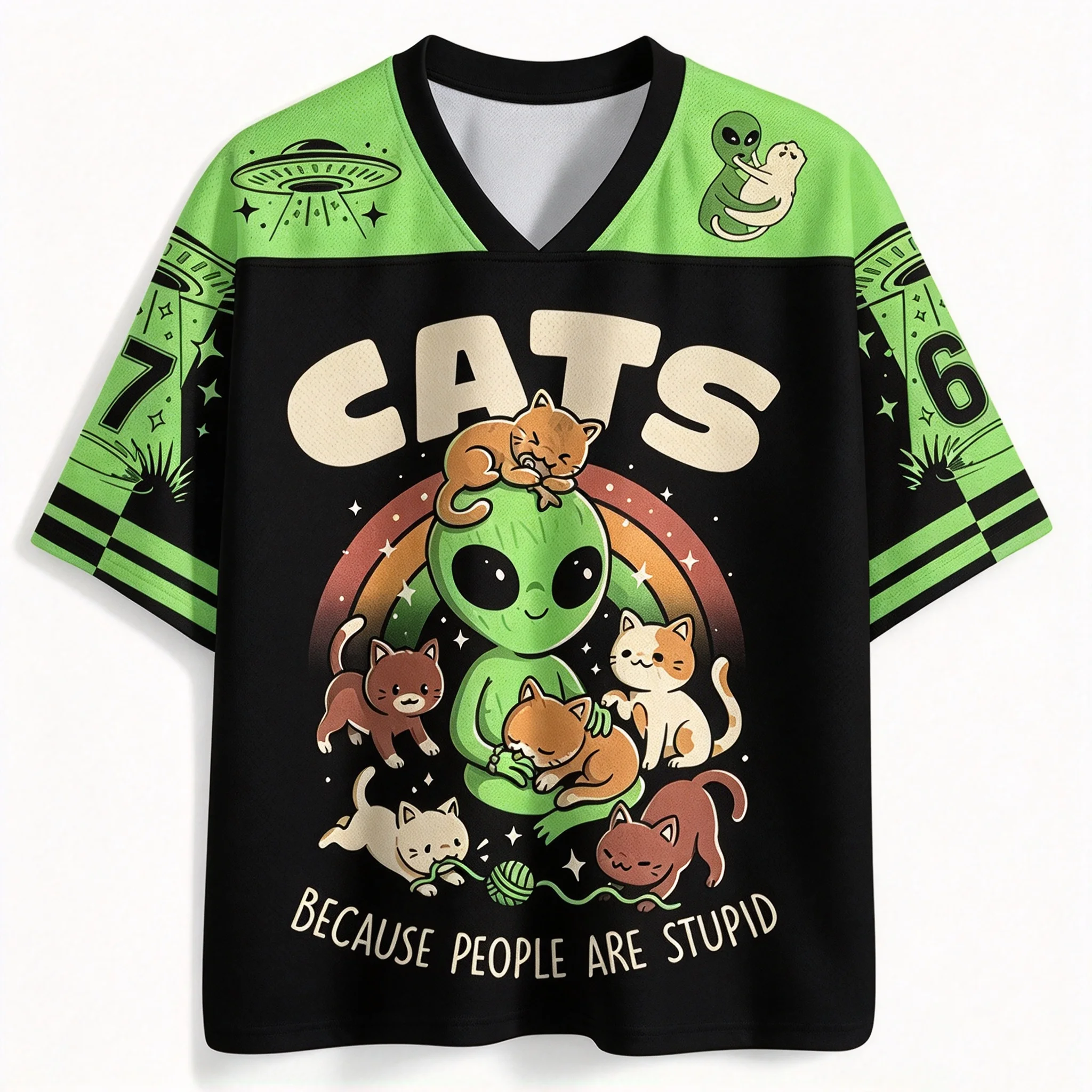 Cute Alien Cats V-neck Mesh T-Shirt UFO Rainbow Funny Slogan Print Short Sleeve Casual Unisex Streetwear Top