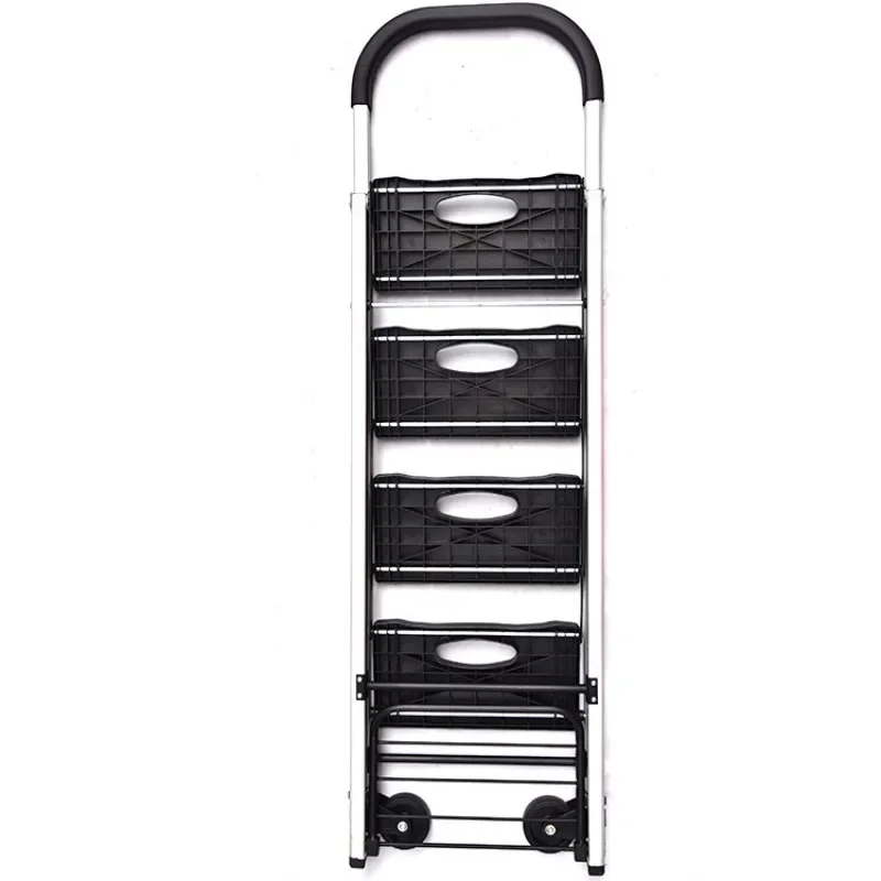 Climbing car folding pull supermarket warehouse picking two-wheel herringbone ladder aluminum alloy four-step ladder