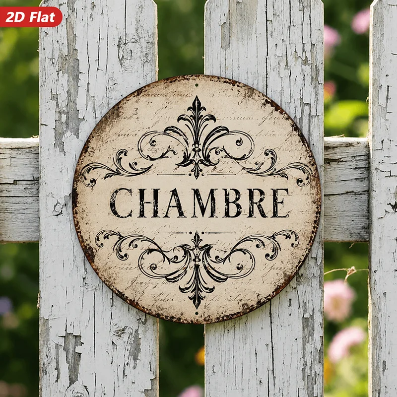 1pc Vintage Chambre Crest Round Metal Sign Wall Art, Perfect for Garden Dining Room Office, Distressed French Typography