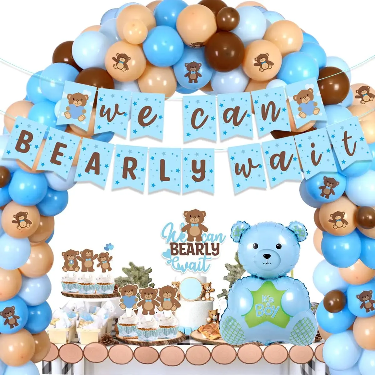 

Bear Baby Shower Decorations for Boy We Can Barely Wait Baby Shower Balloon Garland kit Banner Cake Topper for Baby Shower Decor