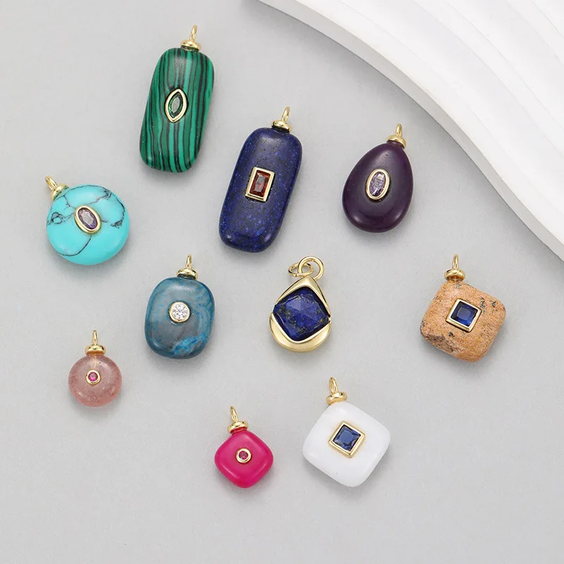 Natural Stone Inlaid Zircon Geometric Feldspar Pendant DIY Necklace Bracelet Gold Plated Color Preserved Stone Jewelry Charms