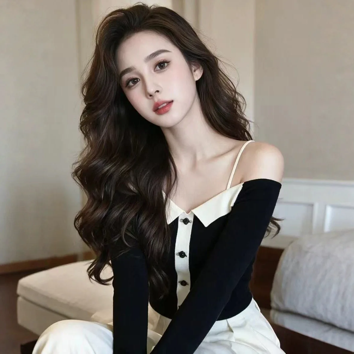 Shoulder Bared Long Sleeve Color Block Knitted Sweater Women's Fashion Spring Autumn High Neck Line Design Comfortable Fit Kn...