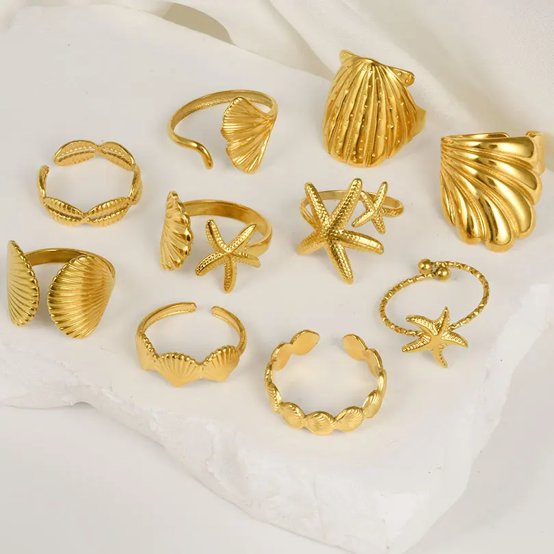 

3pcs Real Gold Plated Stainless Steel Shell Rings Ocean Animal For Women Adjustable Ring Fashion Party Jewelry Anniversary Gift