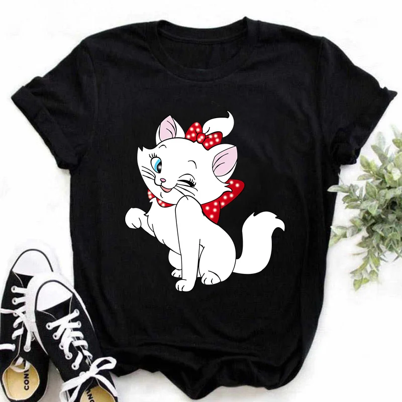 Camiseta con estampado de gato Marie para mujer, ropa de calle informal de manga corta, camisetas de Disney para mujer