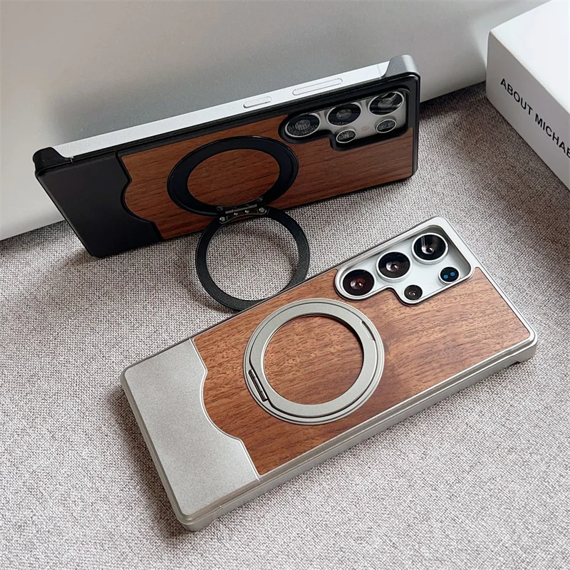 Magnetic Push-Pull 360 Rotate Bracket Metal Phone Case For Samsung Galaxy S23 S24 S25 Ultra Magsafe Walnut Wood Shockproof Cover