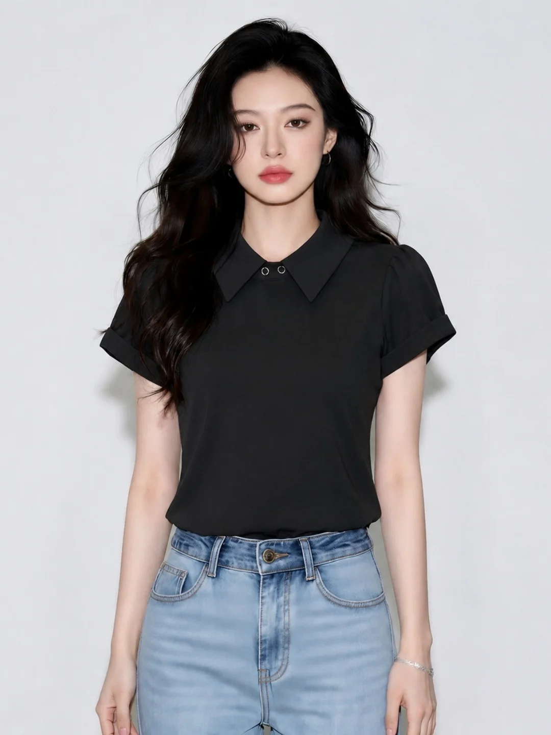 Slimming Short Sleeve  Neck T-Shirt Women's Fashionable Versatile Korean Style Commute Straight Cut Basic  Color