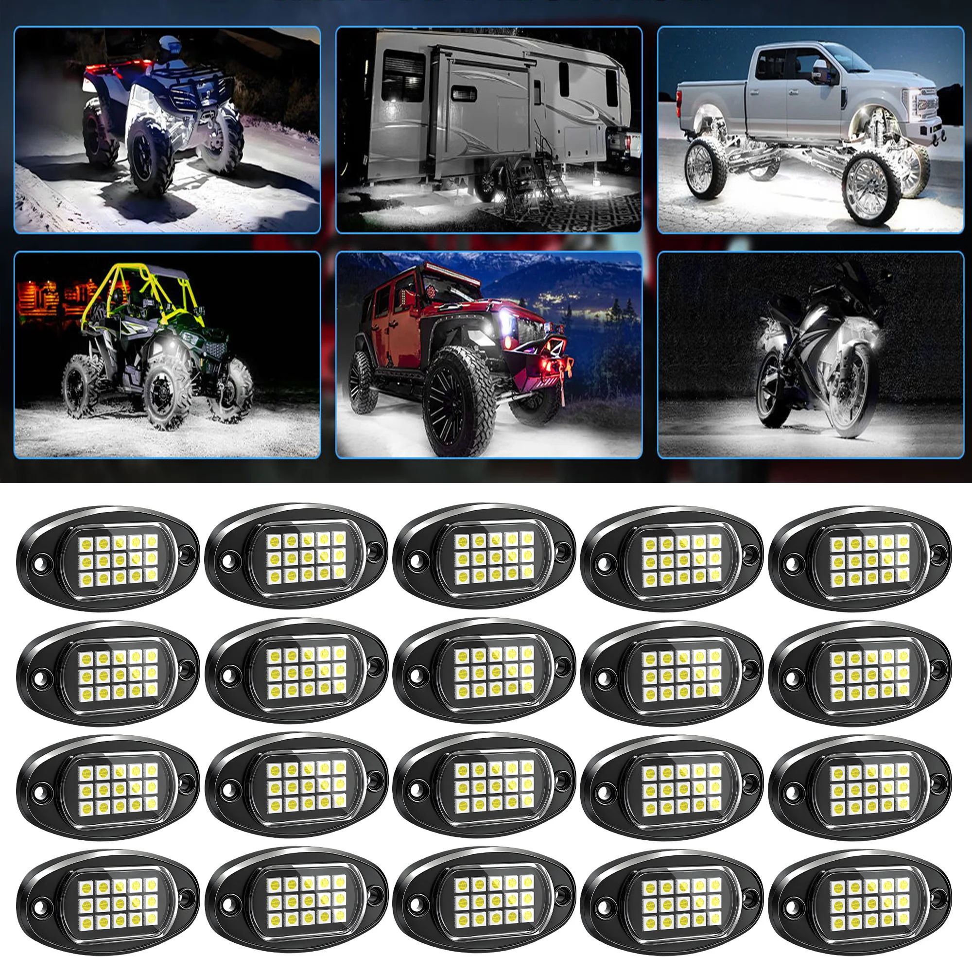 

MICTUNING 20-Piece Waterproof White Plastic LED Rock Light Kit, Frame Mount Lighting, Suitable for RZR SUV ATV UTV Jeep Vehicles