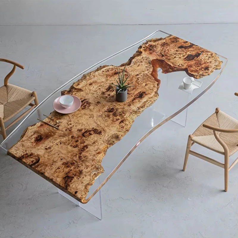 

Light luxury natural walnut resin flat table rectangular family dining table multi-seater