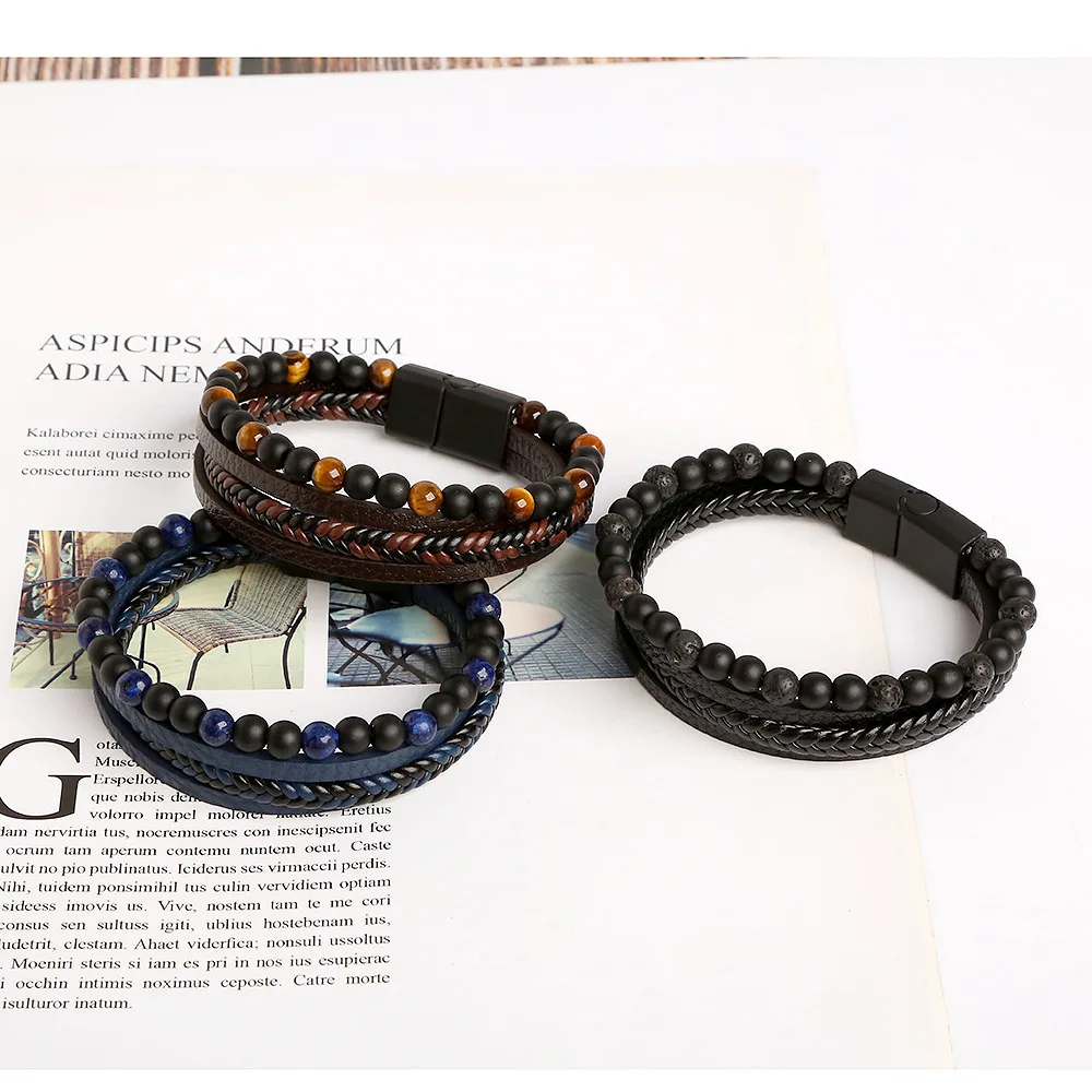 Men's Handmade Natural Obsidian Bracelets Black Color Leather Woven Bangle Daily Wear Streetwear Jewelry Gifts for Boys