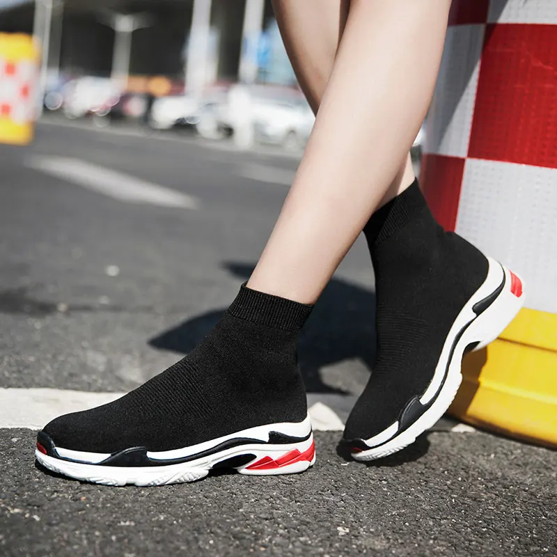 MWY Black Sneakers for Women Platform Vulcanized Shoes Female Socks Shoes Sports Trainers Men Slip-on Stretch Upper Size 35-47