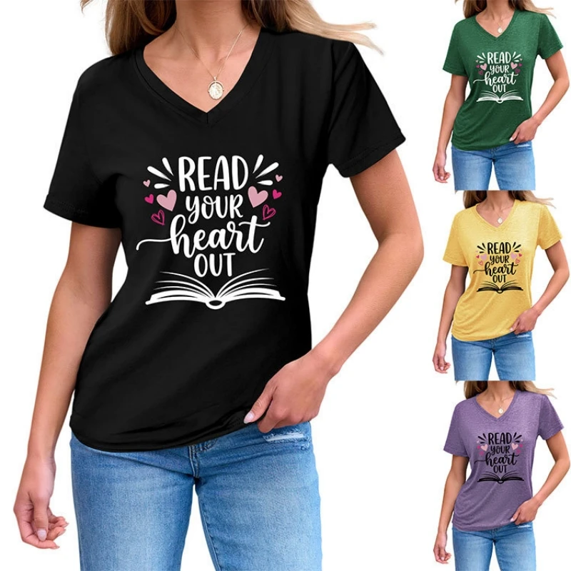 

Summer loose large-sized letter-printed colorful clothes V-neck women's short-sleeved T-shirt