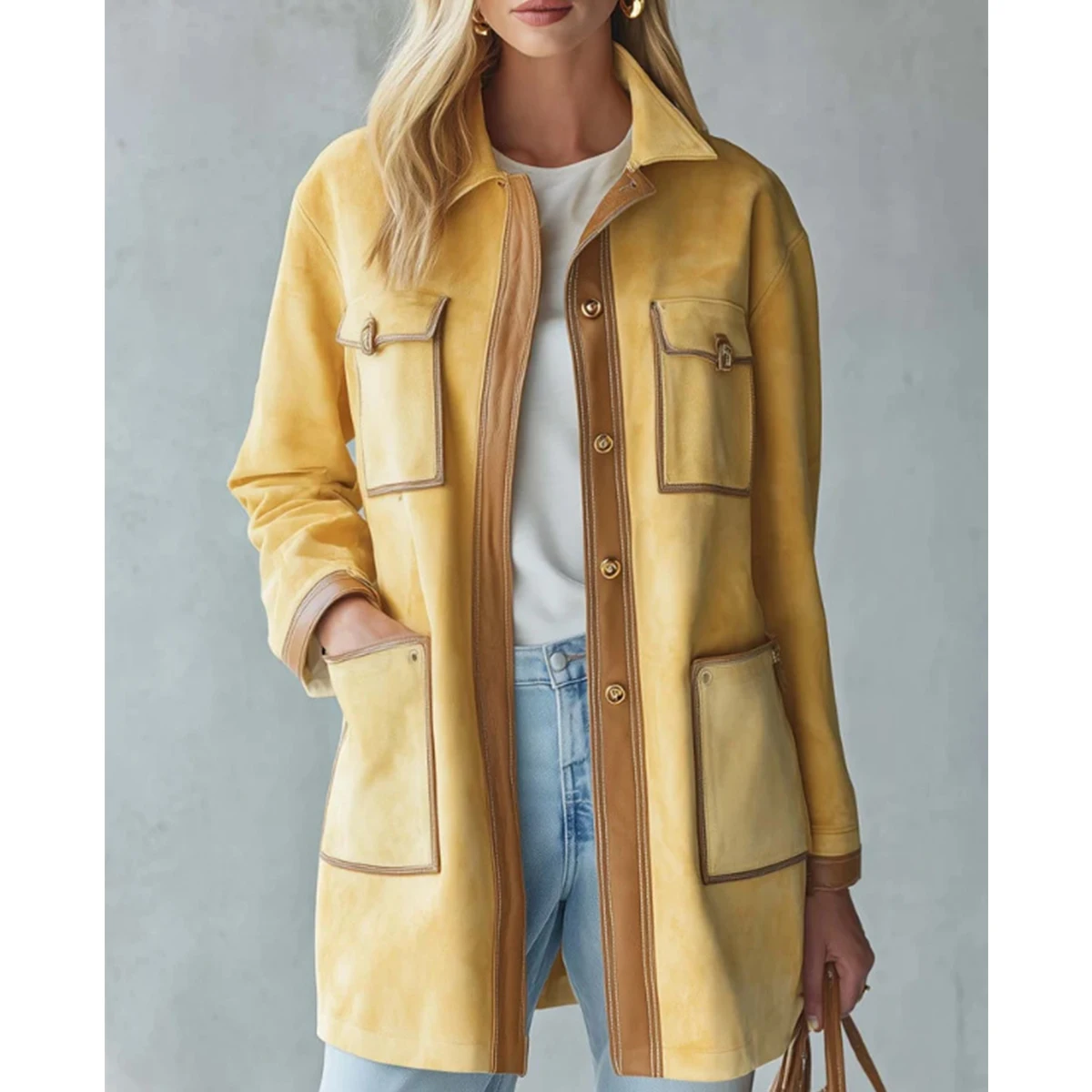 Women Yellow Faux Suede Mid‑Length Jacket Contrast Brown Trim Multi‑Pocket Button Outerwear American Style Streetwear Coat