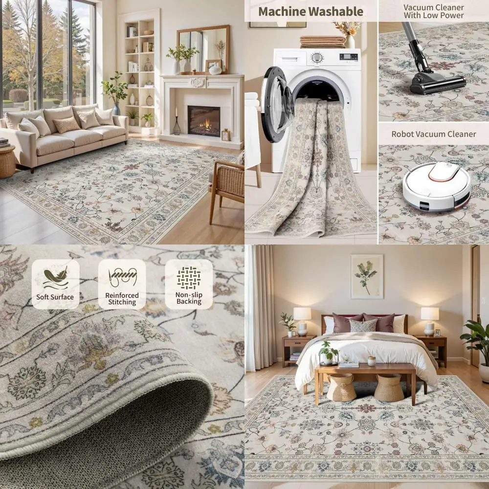 

Vintage Boho Style 6x9 Rug for Living Room and Bedroom, Washable Low Pile Wool Carpet with Non-Slip Feature