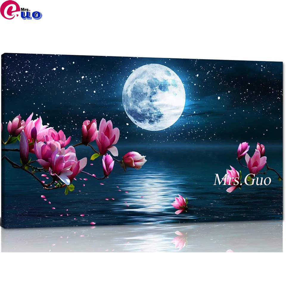 Diamond Embroidery 5d Pink Magnolia Flower Art Moon Over Sea Full Square Diamond Painting Blue Ocean Under Moonlight Landscape