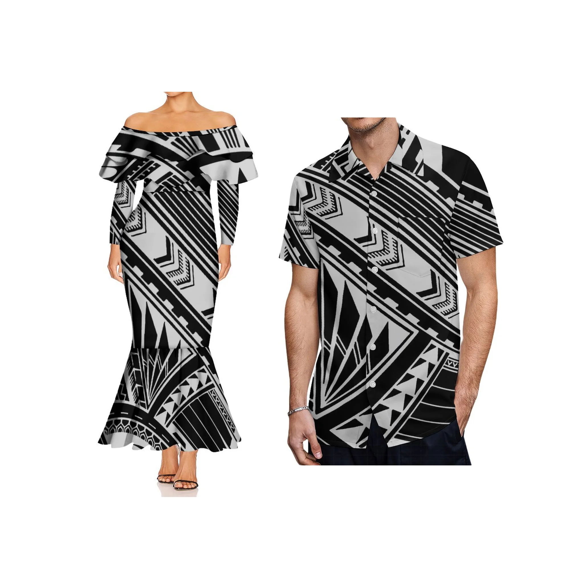 ชุดราตรีทรงหางปลาสำหรับผู้หญิงไซส์ใหญ่ ดีไซน์แบบซามัว ปี 2025 ดีไซน์ใหม่ สไตล์เปิดไหล่ แขนยาวทรงเมอร์เมด รับตัดตามแบบ