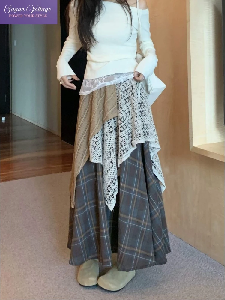 

Lace Patchwork Plaid High Waist A Line Skirt Women Vintage Cottagecore Irregular Hem Layered Long Skirt Warm Winter Casual Style