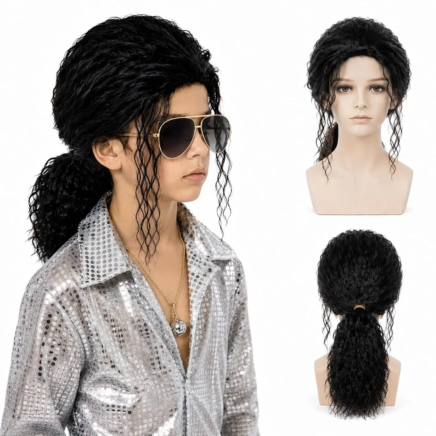Pop Star Balck Curly Wig for Boy 80s Disco Rock Hair Wigs for Party Heat Resistant COS Wig