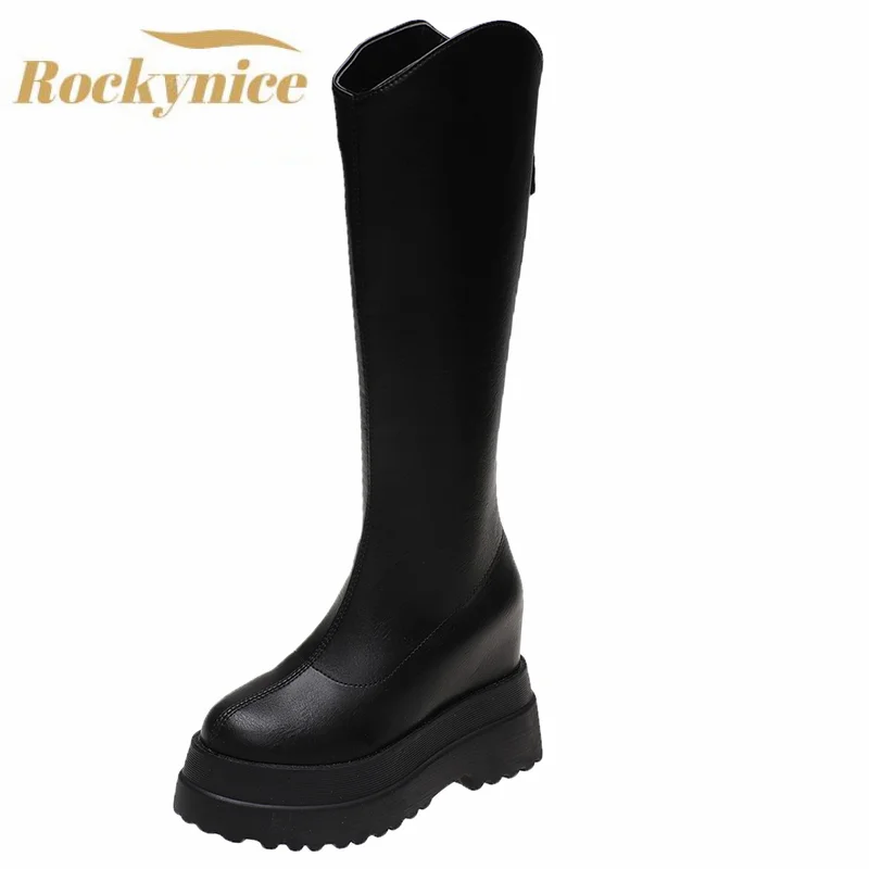 2022 Autumn Winter Long Boots Wedge Heels Knight Shoes Woman Leather Round Toe Women Zipper Knee-High Boots  Motorcycle Footwear