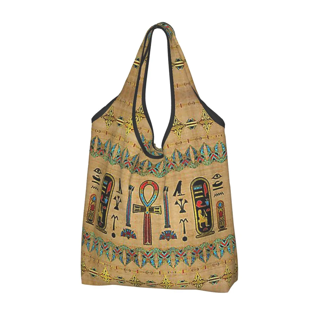 Egyptian Cross Ankh Ornament On Papyrus Portable Tote Shopping Bags Reusable Shopper Bag Groceries Handbag Shoulder Bag