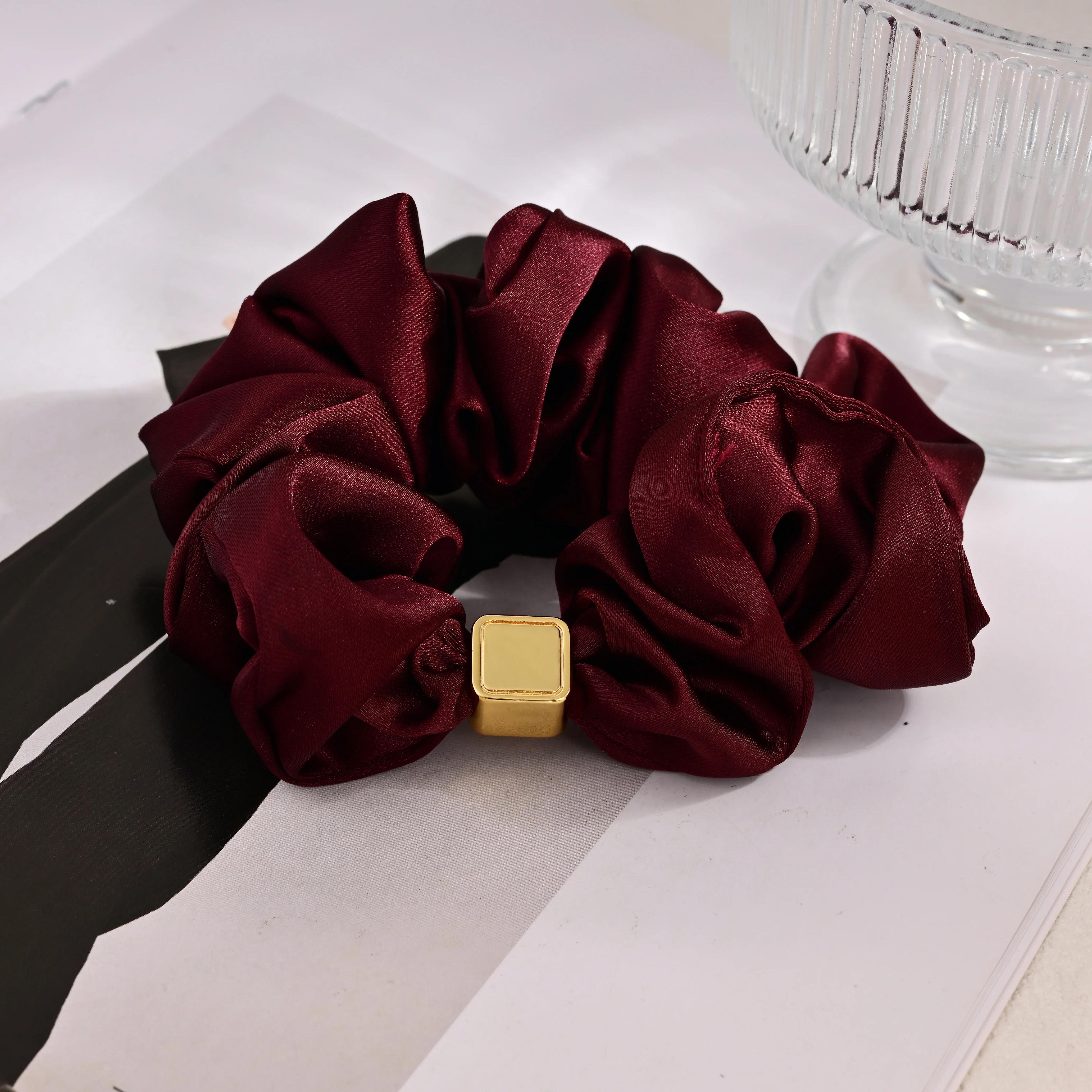 

Trendy Satin Scrunchie with Gold Buckle for Women Elastic Hair Band Gentle Ponytail Holder Fabric Tie No Damage