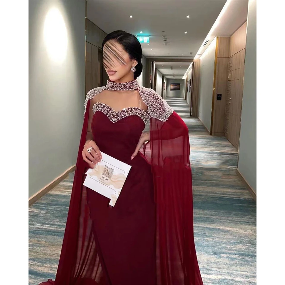 Charming Burgundy Sweetheart Beaded Cloak Evening Dress 2024 Straight Sleeveless Floor Length Sweep Train Custom Made Prom Gown