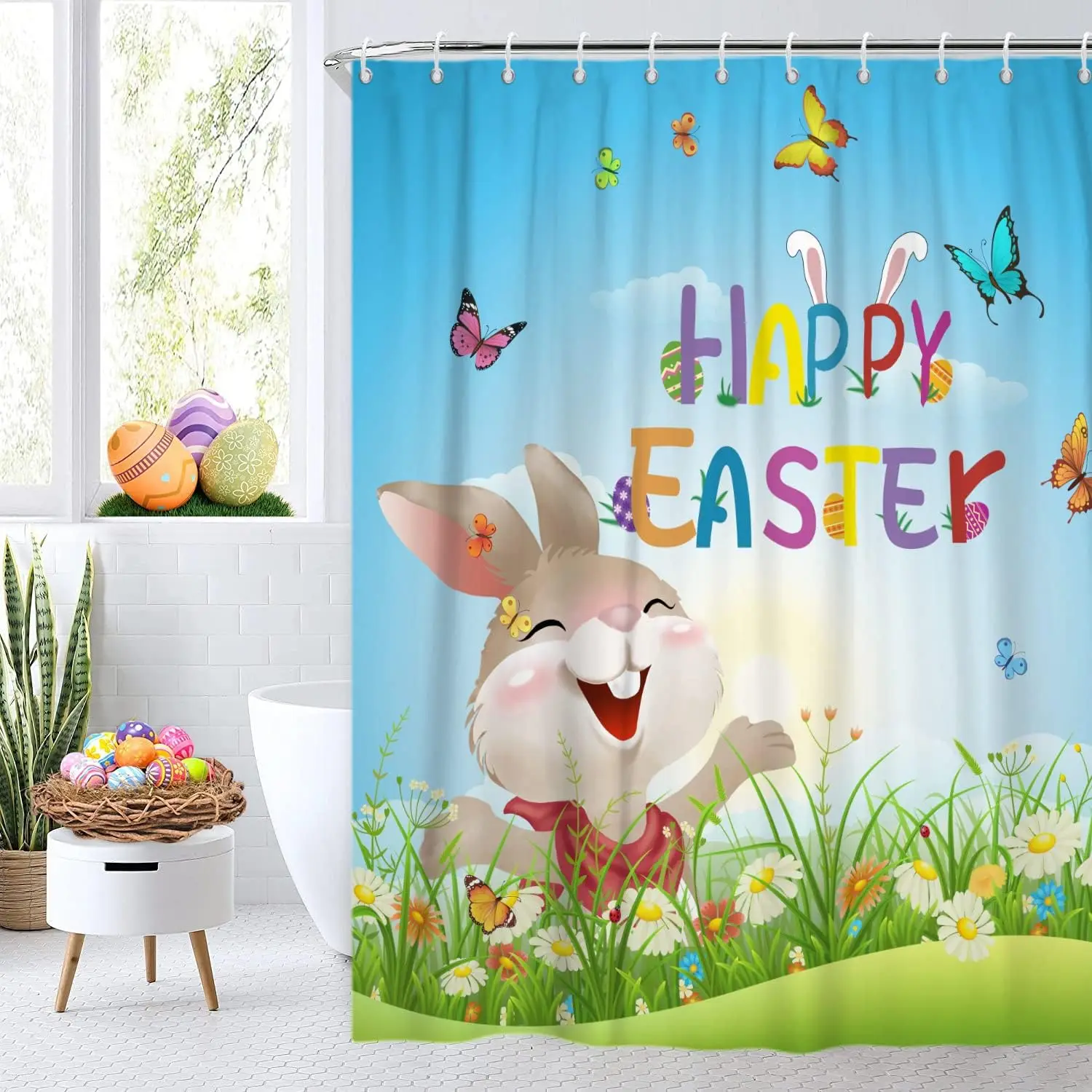 

Пасхальная занавеска для душа, счастливая Пасха, милый кролик, забавный кролик, красочные полевые цветы, весенняя цветочная занавеска для ванной комнаты, водонепроницаемая ткань