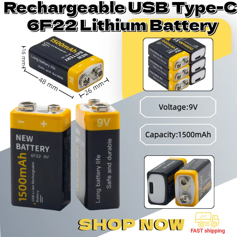 

9V Rechargeable Li-ion Battery 6F22 1500mAh with Type-C USB Charging for Microphone/Multimeter/Toy/Remote Control/Instrument,