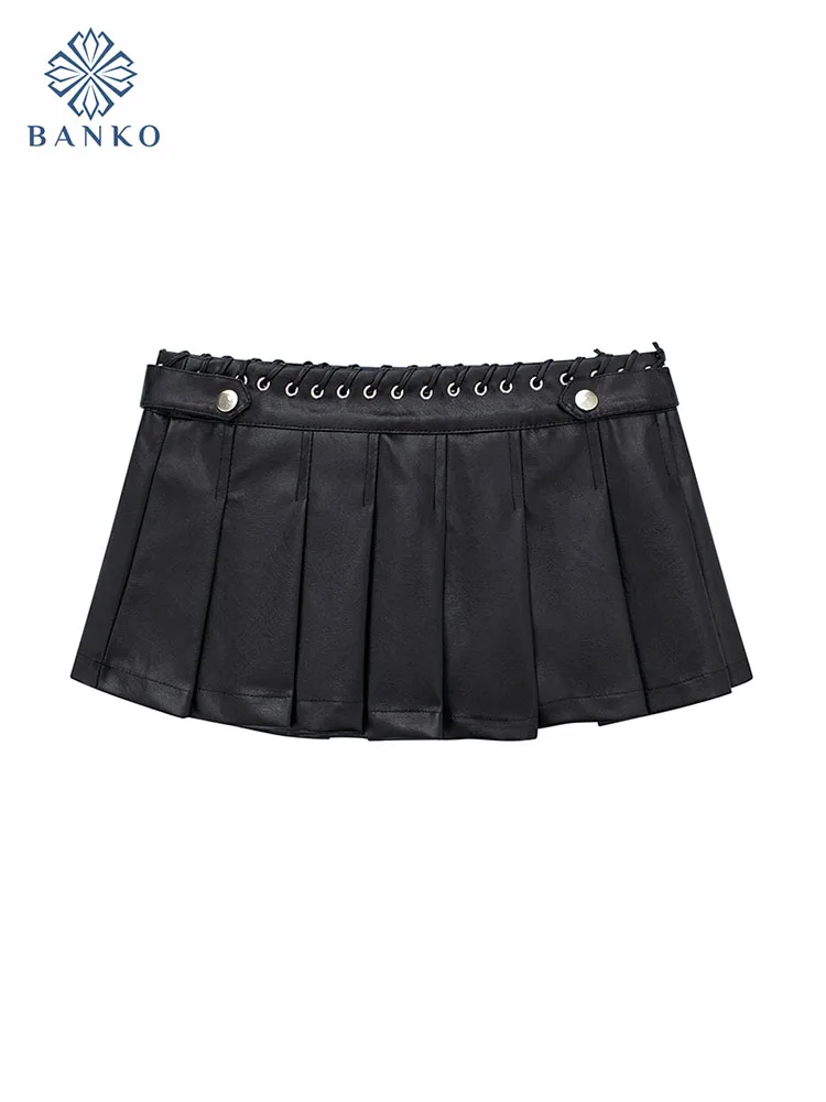 

Women's Black Leather Skirt Gyaru Mini Pleated Skirt E-girl Fashion Wrap Hip High Waist Short Skirts Rivet Design Gothic Punk