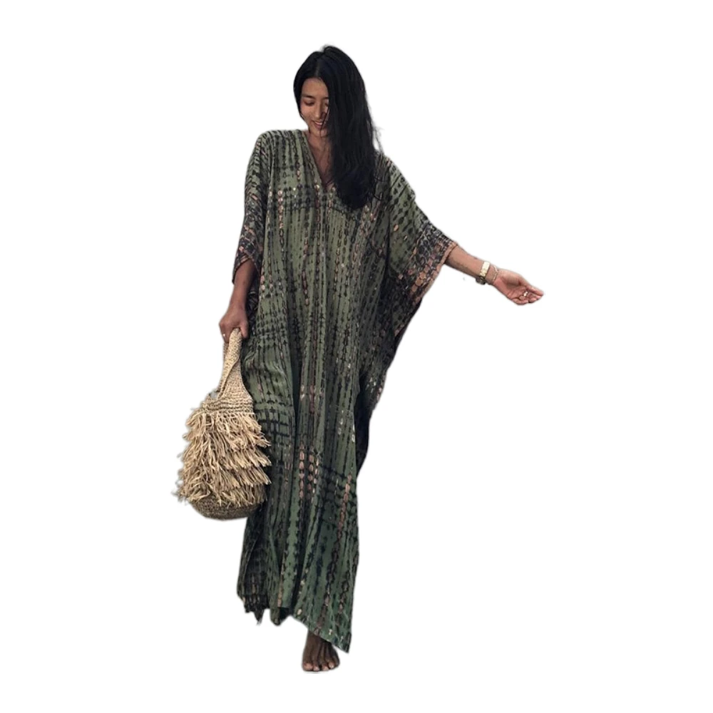 Plus Size Boho Cover Up, Women\'s Plus Tie Dye Batwing Sleeve V Neck Split Hem Slight Stretch Maxi Cover Up Dress