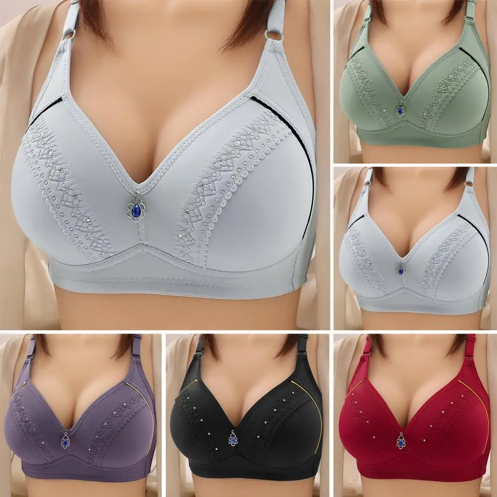 

Non-wired Push-up Bra Adjustable Shoulder Strap Bra Comfortable Wireless Rhinestone Decor Mid-aged Mother Bra with Wide Shoulder