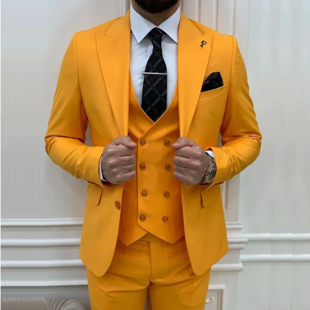 

Design Men's Suits Yellow Peak Lapel Single Breasted Regular Length Slim Formal Business Blazer Luxury 3 Piece Jacket Pants Vest