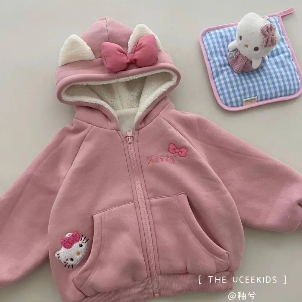 Kawaii Sanrio Hello Kitty Girls Winter Jacket Casual Thick Warm Hooded Coat Plus Velvet Outerwear Overcoat Children's Clothing