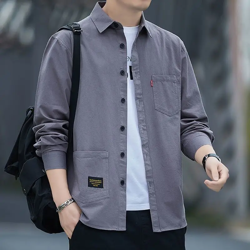 2023 Spring Korean Style Solid Color Loose Casual Male Shirt Long Sleeve All Match Fashion Blouse Man Chic Streetwear Clothes