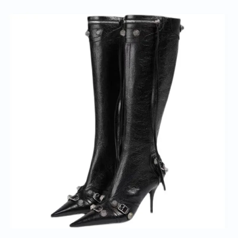 2023 Women\'s New Pointed Rivet Boots European and American Sexy Spicy Girls High Heel Motorcycle Boots Over Knee Zipper Boots