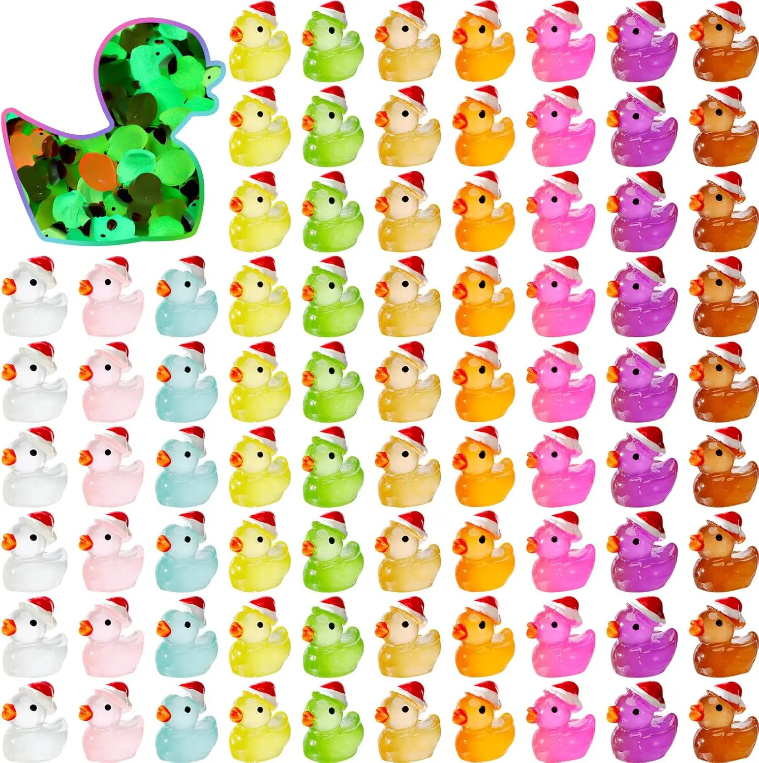 100/50Pc Christmas Luminous Mini Resin Ducks  Glow in The Dark Ducky with Christmas Hat  for Micro Landscape Home Party Decor