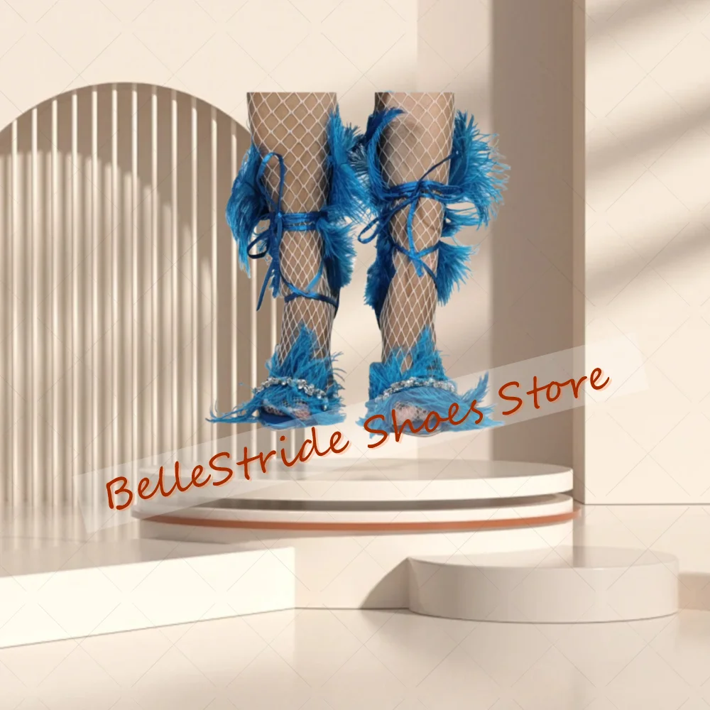 Sandálias de cristal com decoração de penas azuis, dedo aberto, sapatos femininos sexy, salto alto, festa, banquete, namoro, 2025 zapatos para mujere
